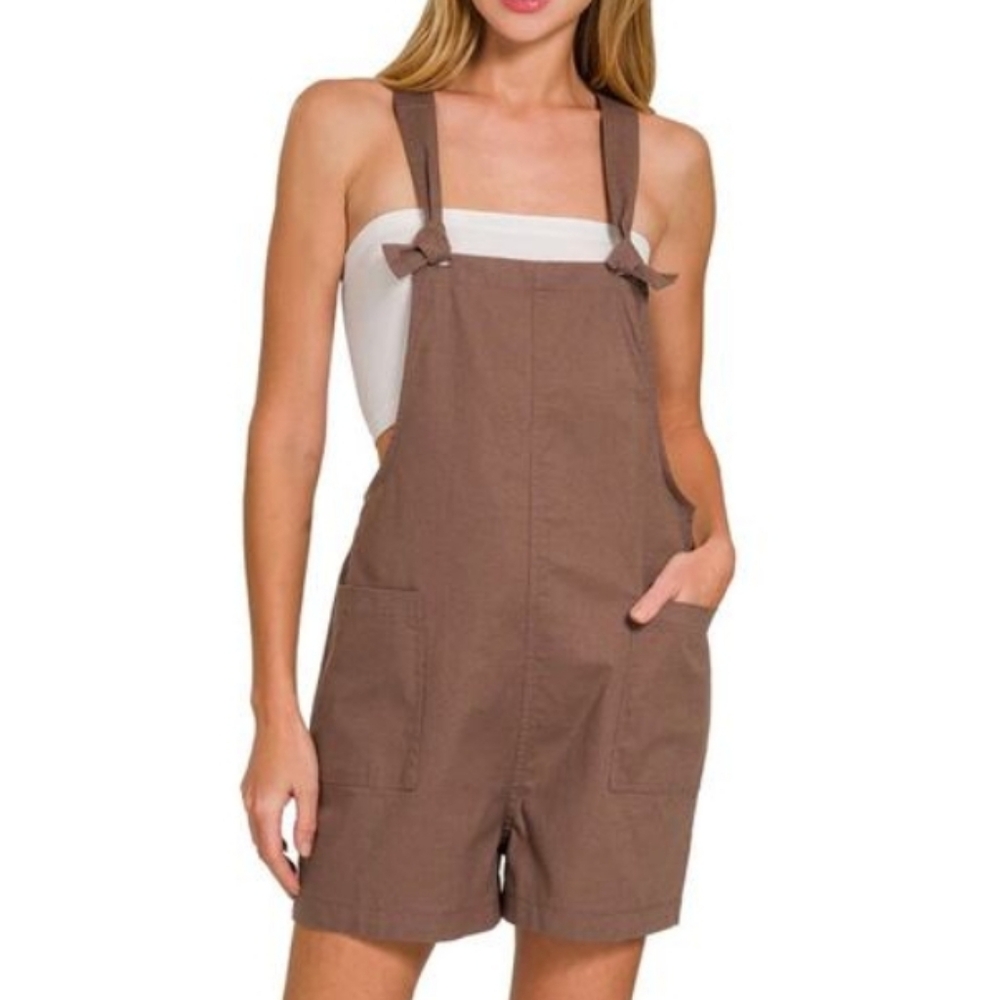 NWT Chocolate Brown Knotted Strap Cotton Stretch Romper Shortalls